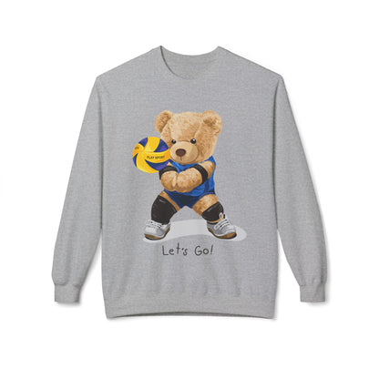 Cheerful Volleyball Bear Crewneck Sweatshirt, Cozy Fleece Top, Cute Sports Apparel, Unisex Gift for Athletes, Casual Wear, Let's Go! Sport Grey