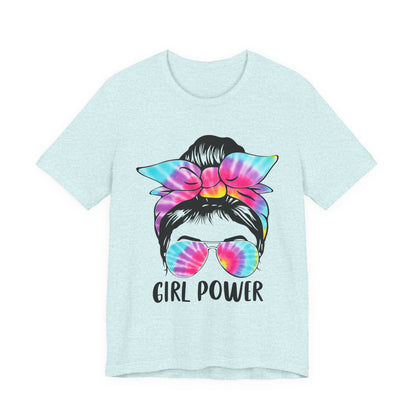 Girl Power Tie-Dye Tee, Unisex Short Sleeve Shirt, Feminist Apparel, Gift for Her, Casual Everyday Wear, Birthday Present Heather Prism Ice Blue
