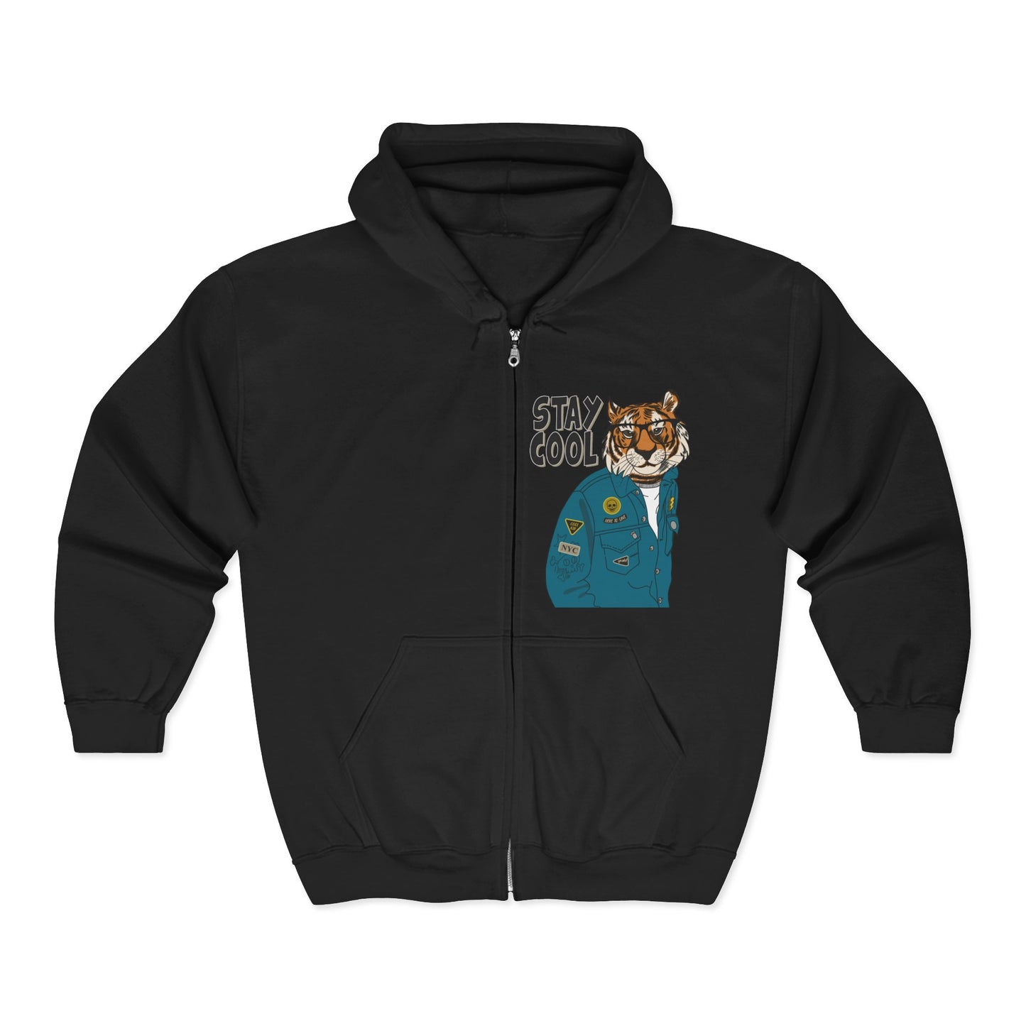Trendy Graphic Hoodie - Stay Cool Tiger Zip Sweatshirt, Animal Lover Gift, Casual Streetwear, Cozy Layering Piece, Unique Fashion Statement Black