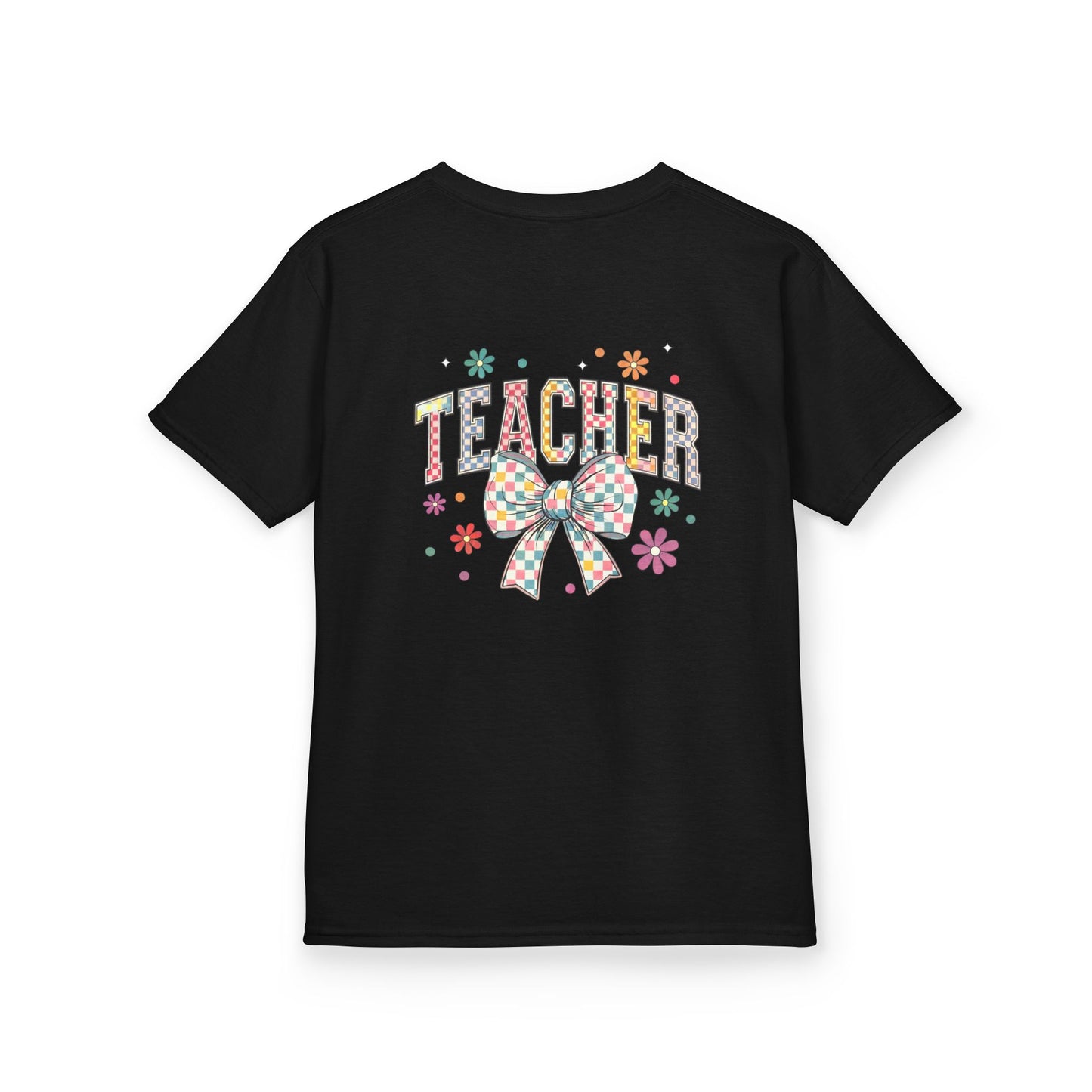Teacher Kids Tee with Colorful Bow Design, Perfect for Back to School, Teacher Appreciation, Birthday Gift, Fun Classroom Wear Black