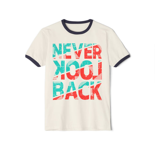 Retro Ringer T-Shirt - 'Never Look Back' Statement Tee, Casual Wear, Vintage Style, Gift for Friends, Motivational Shirt Natural Midnight Navy