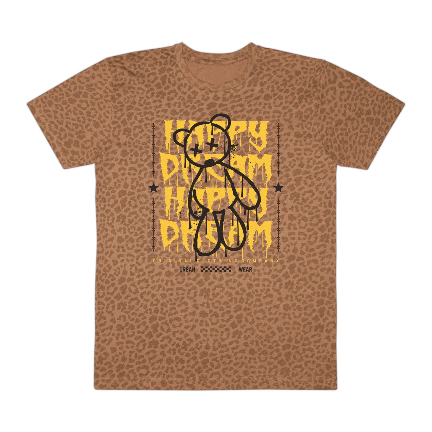 Men's Graphic Tee with Happy Dream Bear Design | Casual Wear, Street Style, Gift for Him, Birthday Present, Trendy Fashion Brown Leopard