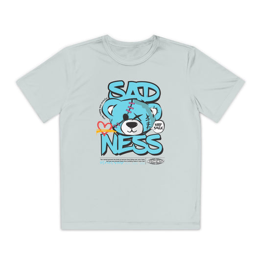 Youth Sadness Bear Tee - Unique Graphic T-Shirt for Kids, Casual Wear, Birthday Gift, Trendy Streetwear, Emotional Support Apparel Silver