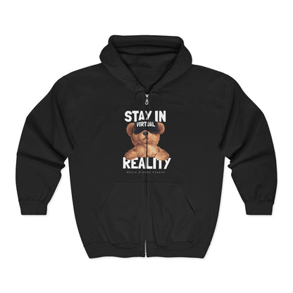 Stay in Virtual Reality Hoodie, Unisex Full Zip Sweatshirt, Perfect for Gamers, Gift for Tech Lovers, Cozy Layer for All Seasons Black
