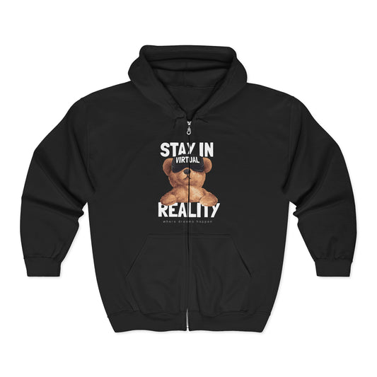 Stay in Virtual Reality Hoodie, Unisex Full Zip Sweatshirt, Perfect for Gamers, Gift for Tech Lovers, Cozy Layer for All Seasons Black