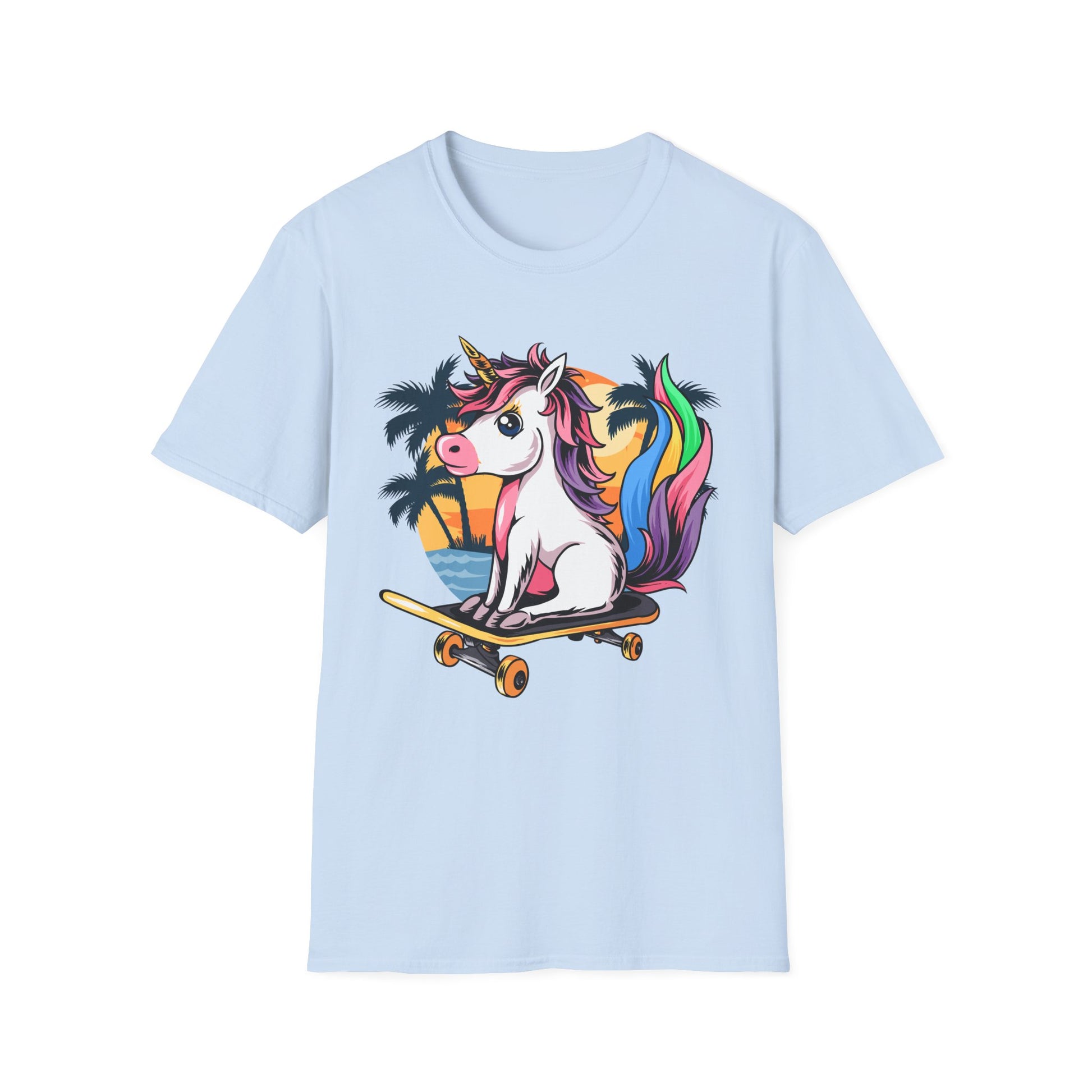 Skateboarding Unicorn T-Shirt, Cute Graphic Tee for Teens, Fun Summer Wear, Gifts for Unicorn Lovers, Beach Day Outfit Light Blue