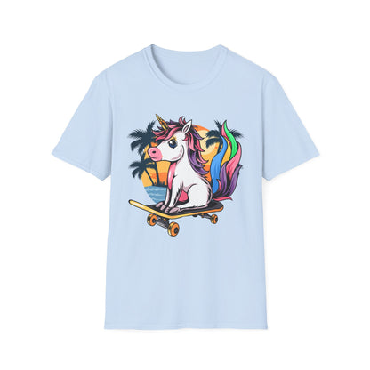 Skateboarding Unicorn T-Shirt, Cute Graphic Tee for Teens, Fun Summer Wear, Gifts for Unicorn Lovers, Beach Day Outfit Light Blue