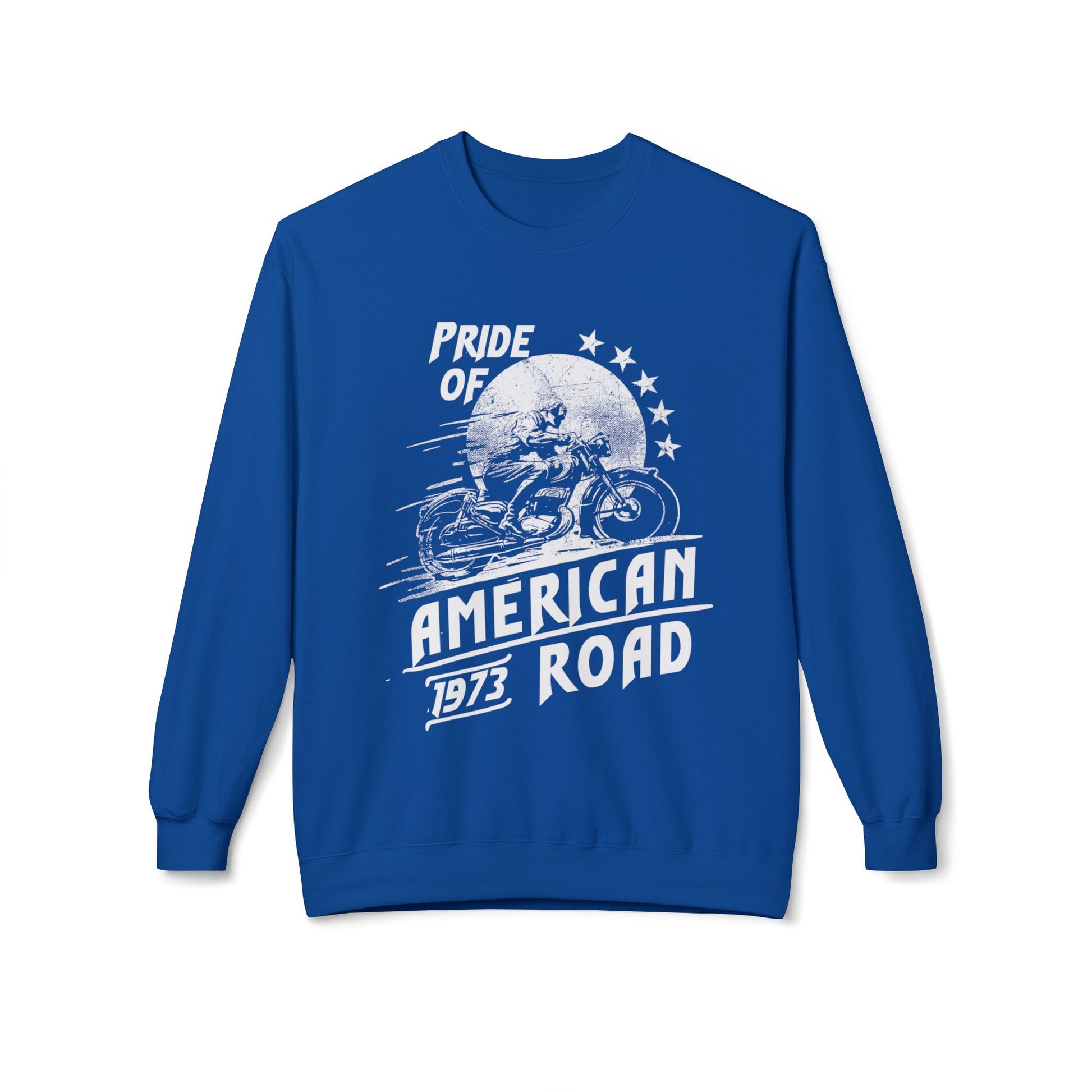 Pride of American Road Crewneck Sweatshirt, Cozy Unisex Fleece Top, Ideal Gift for Bikers, Road Trip Apparel, 1973 Vintage Style
