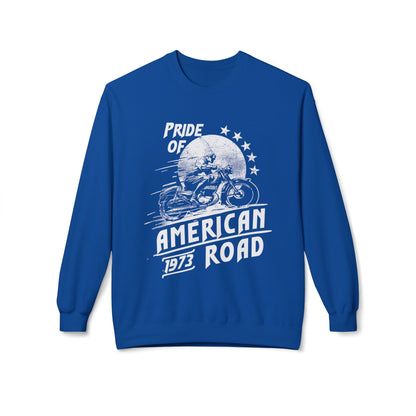 Pride of American Road Crewneck Sweatshirt, Cozy Unisex Fleece Top, Ideal Gift for Bikers, Road Trip Apparel, 1973 Vintage Style