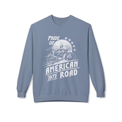 Pride of American Road Crewneck Sweatshirt, Cozy Unisex Fleece Top, Ideal Gift for Bikers, Road Trip Apparel, 1973 Vintage Style Stone Blue