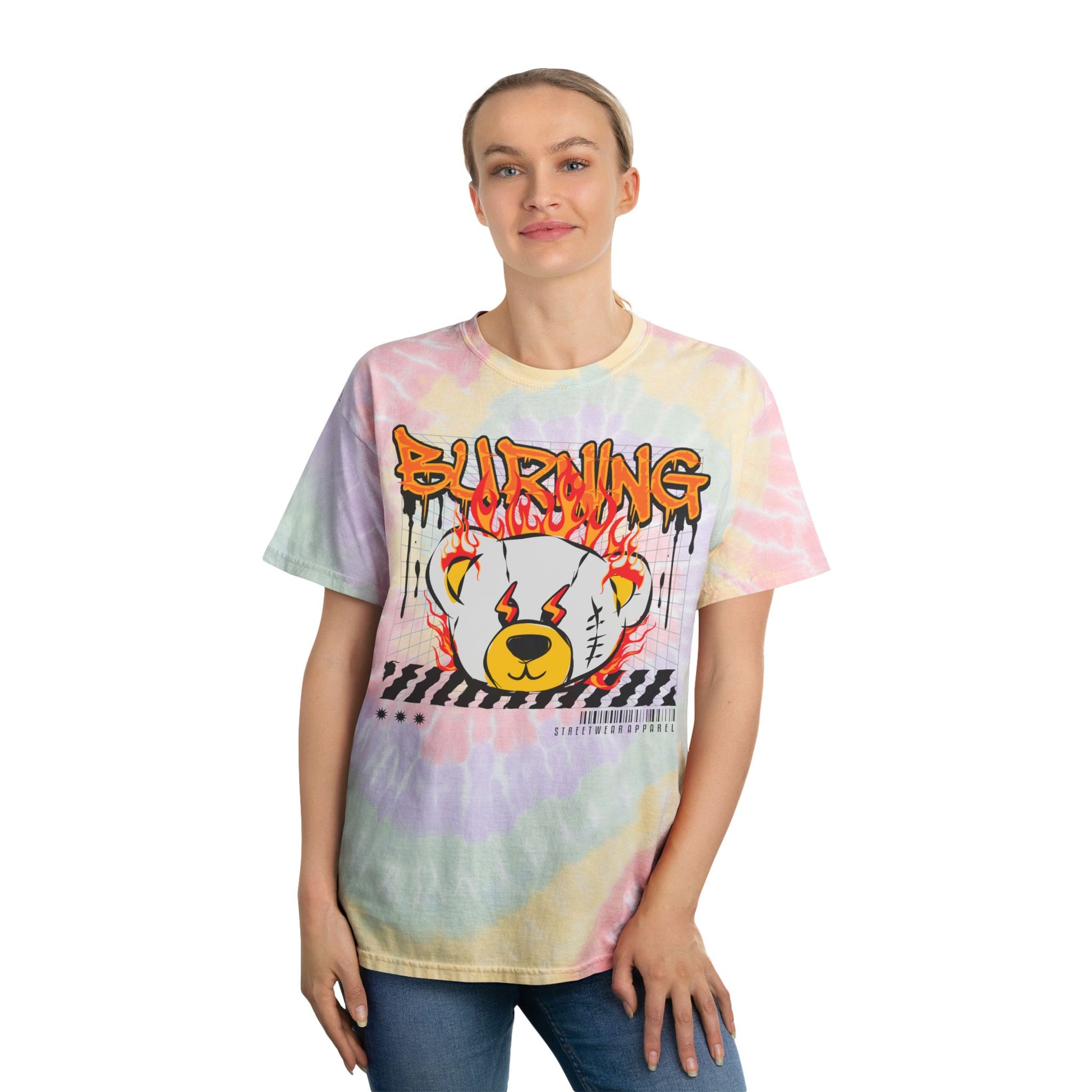 Unisex "Burning" Tie Dye T-Shirt – Streetwear Graphic Tee with Flaming Teddy Bear Head – Soft Cotton Pastel Shirt Hazy Rainbow