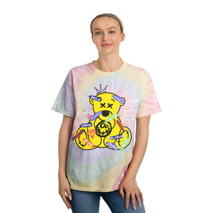 Unisex Emotional Collage Tie Dye T-Shirt – Streetwear Graphic Tee with "#Disorder" Teddy Bear – Soft Cotton Artistic Style Hazy Rainbow