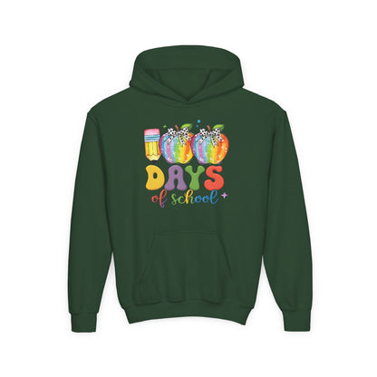 Colorful 100 Days of School Hoodie for Kids, Fun Sweatshirt for Students, Back to School Gift, Rainbow Apple Design, Classroom Forest Green