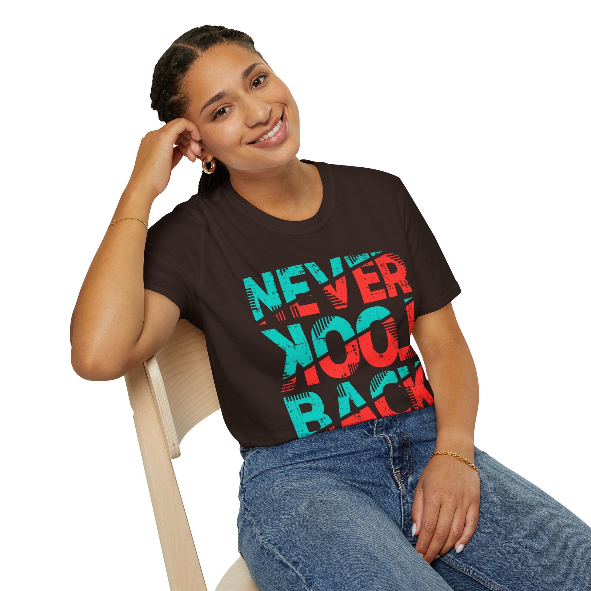 Unisex Softstyle T-Shirt with 'Never Look Back' Design - Motivational Graphic Tee for Daily Wear, Gifts, Casual Outings, Street Style