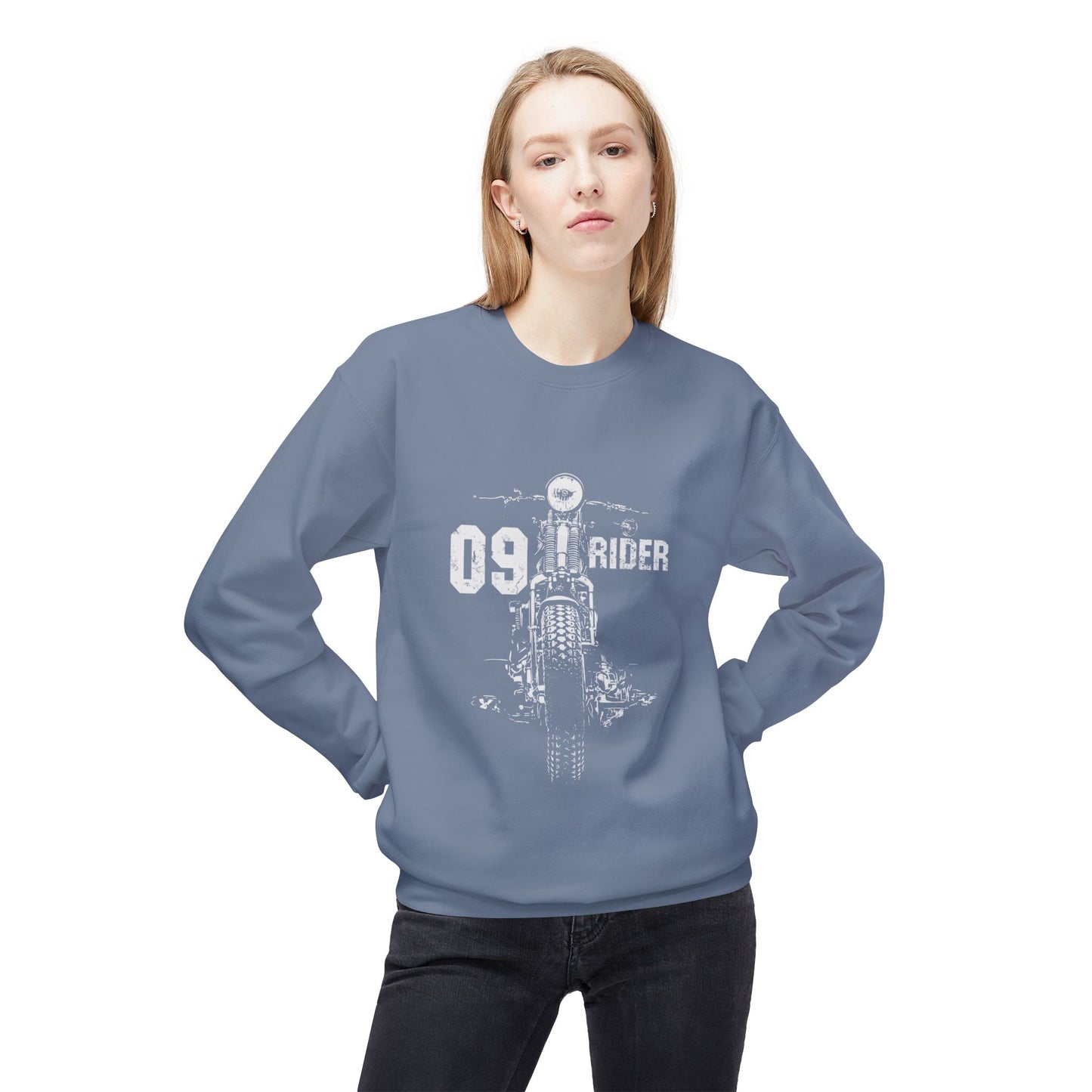 Retro Unisex Fleece Crew Sweatshirt - 09 Rider Design, Cozy Apparel, Gift for Bikers, Streetwear, Festival Wear, Everyday Comfort
