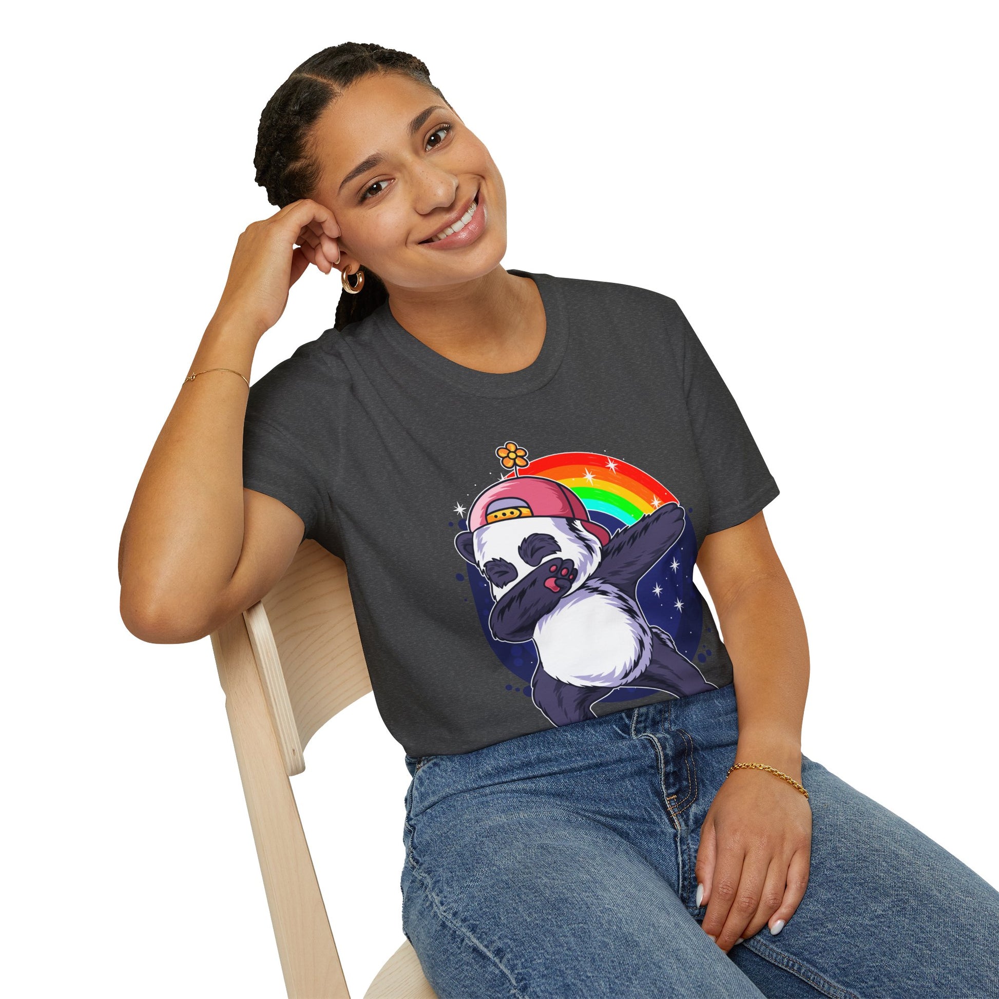 Rainbow Panda Unisex Softstyle T-Shirt, Cute Panda Tee, Gift for Animal Lovers, Fun Casual Wear, Birthday Present, Streetwear Fashion