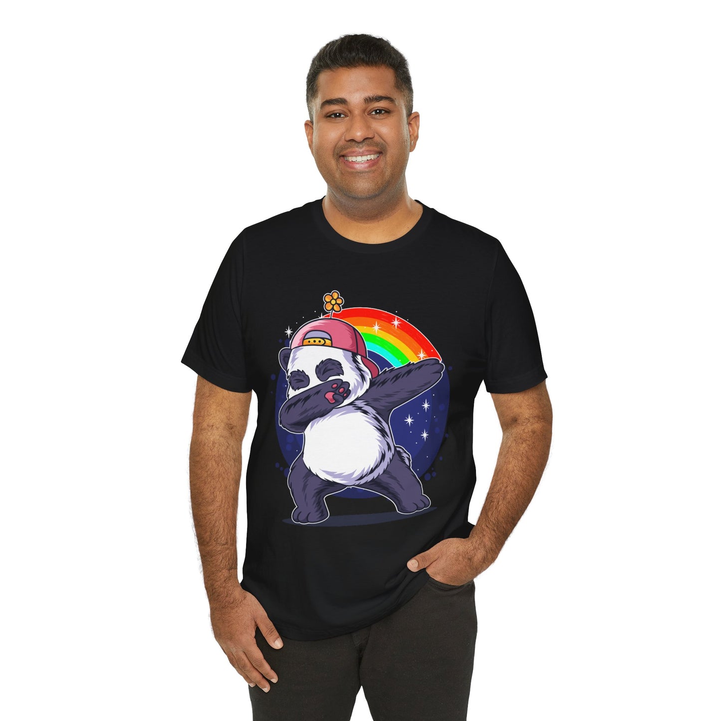 Playful Panda Tee - Unisex Jersey Short Sleeve T-Shirt, Cute Animal Shirt, Casual Everyday Wear, Gift for Panda Lovers, Fun Rainbow Design