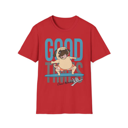 Surfer Dog T-Shirt, Good Times Tee, Summer Shirt, Pet Lover Gift, Cute Unisex Top, Beach Vibes Clothing Red