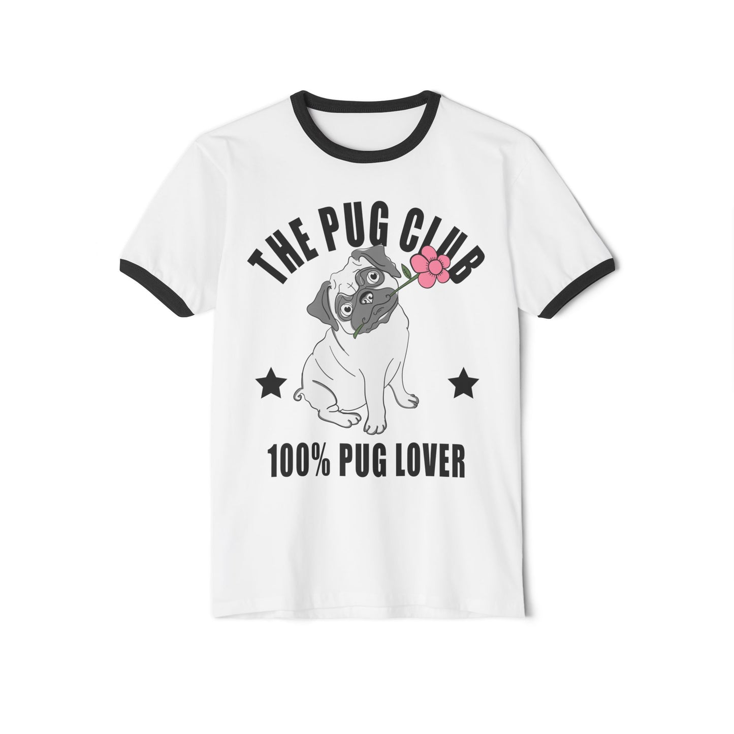 Pug Club Ringer T-Shirt, Dog Lover Gift, Unisex Pet Tee, Cute Pug Apparel, Birthday or Everyday Wear White Black
