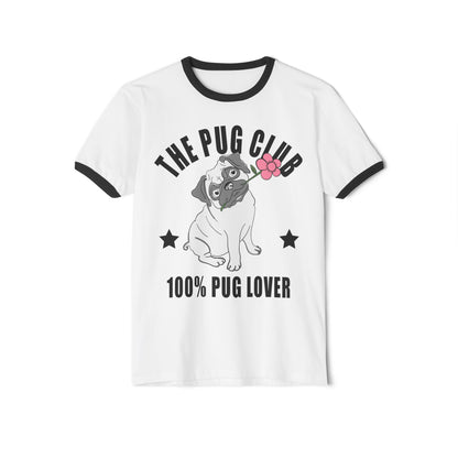 Pug Club Ringer T-Shirt, Dog Lover Gift, Unisex Pet Tee, Cute Pug Apparel, Birthday or Everyday Wear White Black