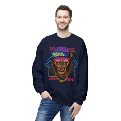 King Lion Graphic Crewneck Sweatshirt, Cozy Streetwear, Unisex Gift, Funny Animal Sweatshirt, Retro Style Apparel, Perfect for Any Occasion