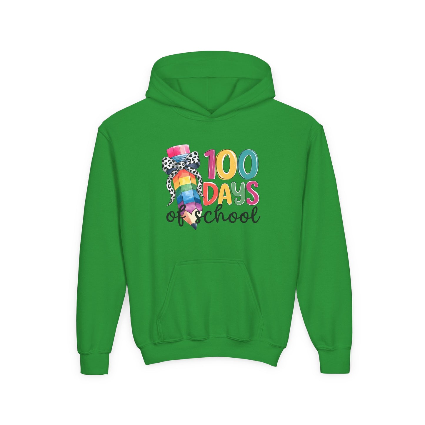 Colorful 100 Days of School Youth Hoodie, Fun School Celebration Sweatshirt, Back-to-School Gift, Kids Fashion, Classroom Style Irish Green