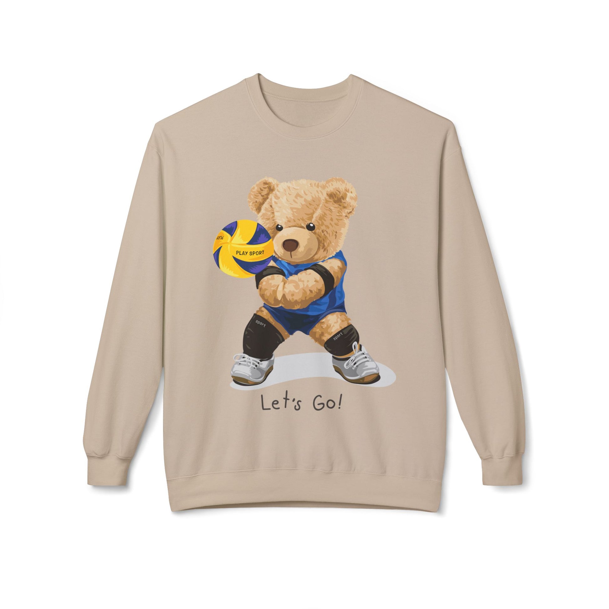 Cheerful Volleyball Bear Crewneck Sweatshirt, Cozy Fleece Top, Cute Sports Apparel, Unisex Gift for Athletes, Casual Wear, Let's Go! Sand