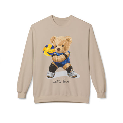 Cheerful Volleyball Bear Crewneck Sweatshirt, Cozy Fleece Top, Cute Sports Apparel, Unisex Gift for Athletes, Casual Wear, Let's Go! Sand