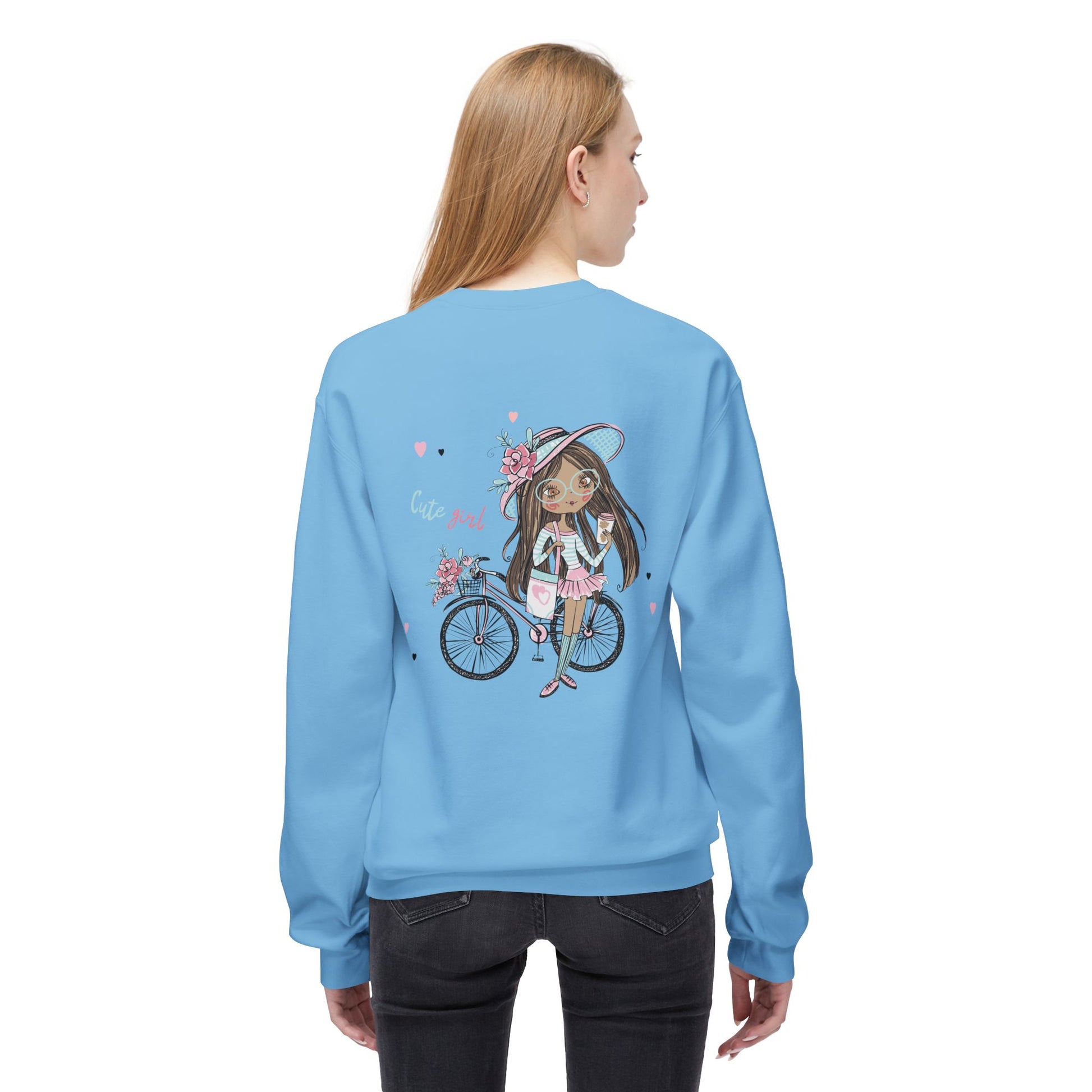 Cute Girl on Bicycle Sweatshirt, Cozy Fleece Crewneck, Spring Fashion, Gift for Her, Casual Sweatshirt, Cartoon Design