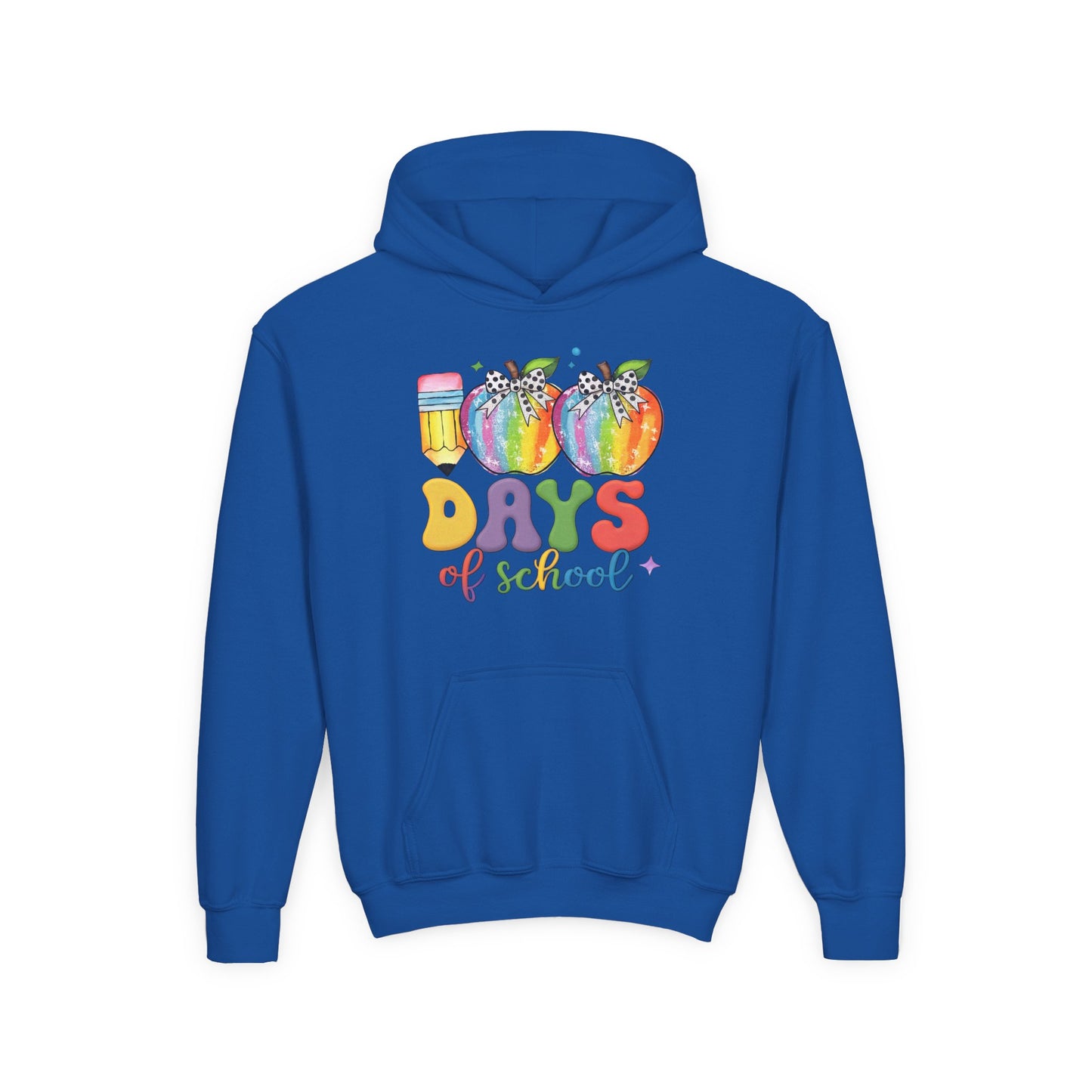 Colorful 100 Days of School Hoodie for Kids, Fun Sweatshirt for Students, Back to School Gift, Rainbow Apple Design, Classroom Royal