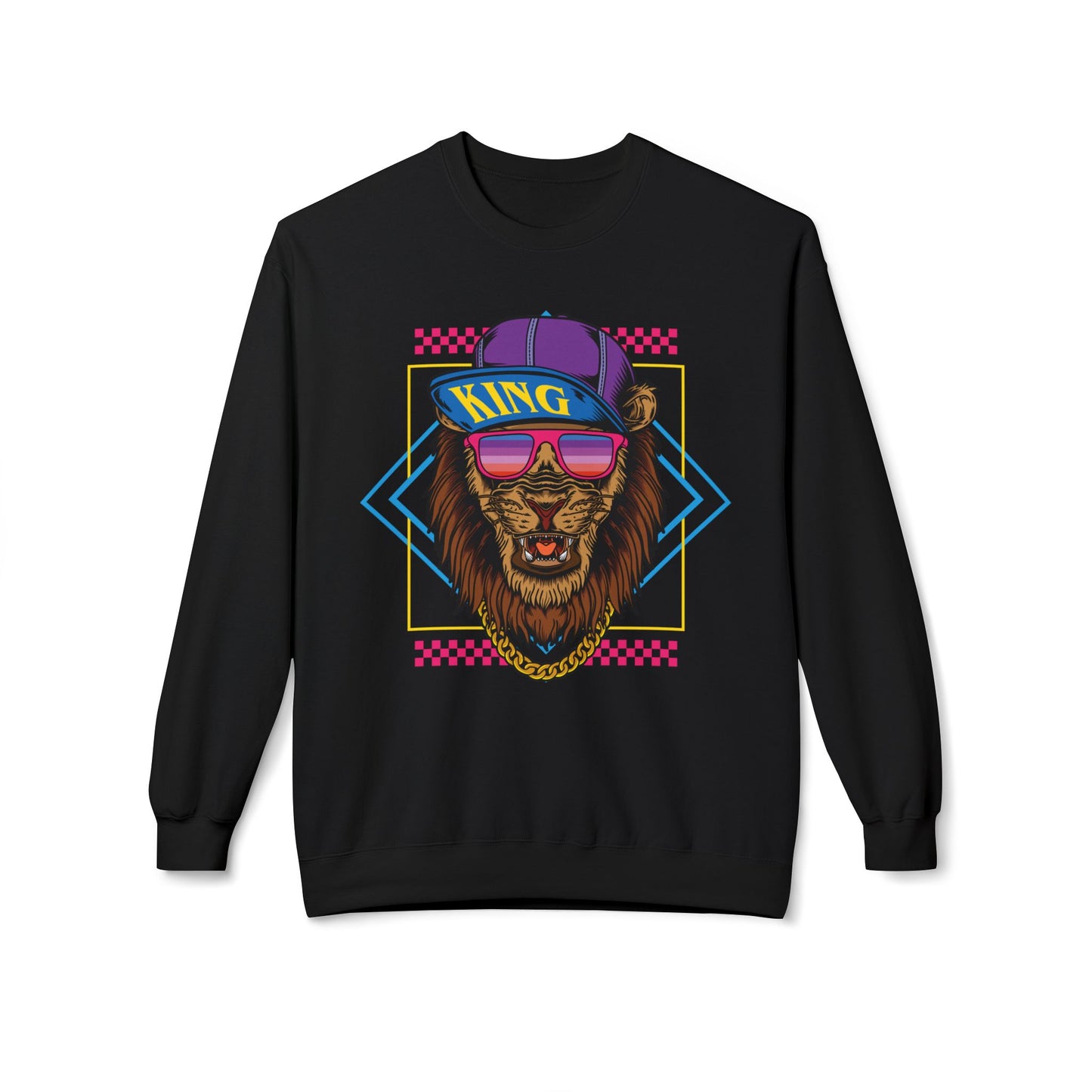 King Lion Graphic Crewneck Sweatshirt, Cozy Streetwear, Unisex Gift, Funny Animal Sweatshirt, Retro Style Apparel, Perfect for Any Occasion Black