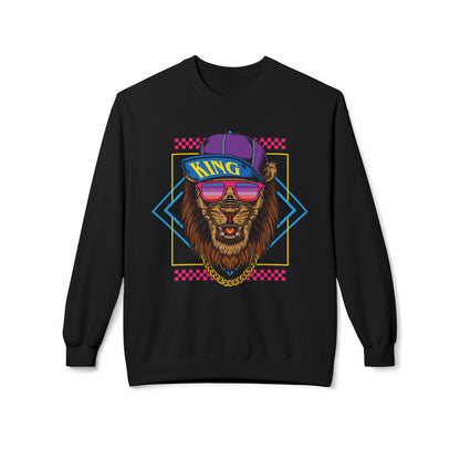 King Lion Graphic Crewneck Sweatshirt, Cozy Streetwear, Unisex Gift, Funny Animal Sweatshirt, Retro Style Apparel, Perfect for Any Occasion Black