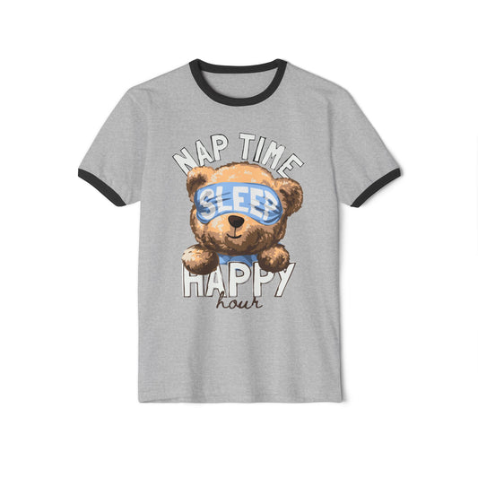 Nap Time Happy Hour Ringer T-Shirt - Cute Bear Graphic Tee, Relaxation Shirt, Gift for Sleep Lovers, Pajama Party Attire, Cozy Everyday Wear Heather Grey Black