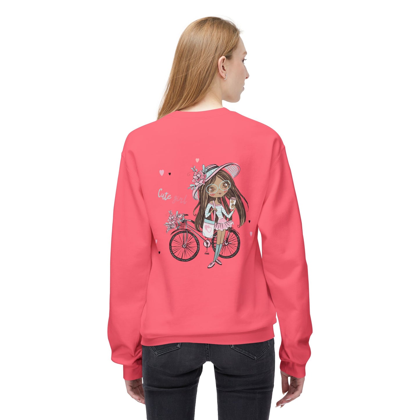Cute Girl on Bicycle Sweatshirt, Cozy Fleece Crewneck, Spring Fashion, Gift for Her, Casual Sweatshirt, Cartoon Design