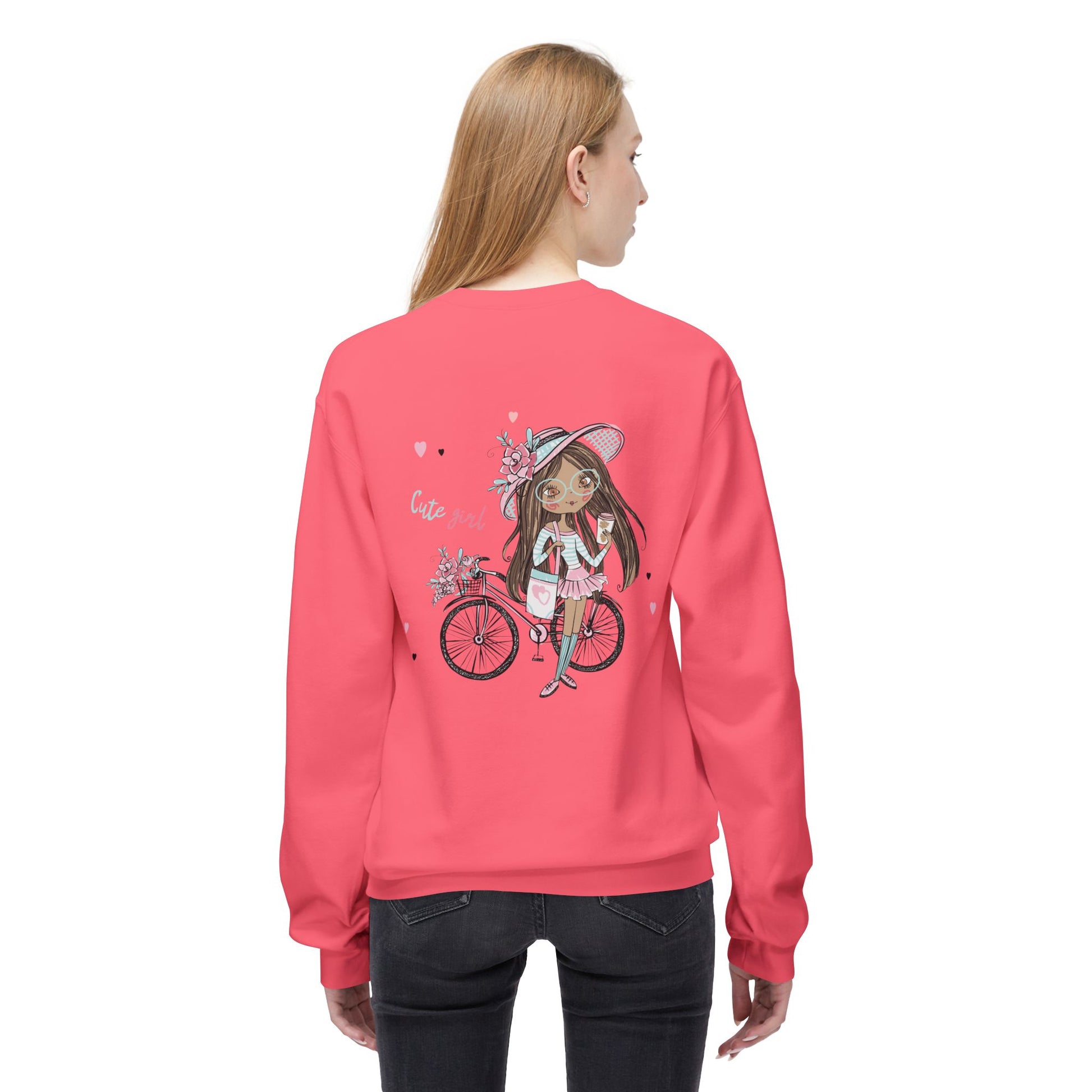 Cute Girl on Bicycle Sweatshirt, Cozy Fleece Crewneck, Spring Fashion, Gift for Her, Casual Sweatshirt, Cartoon Design
