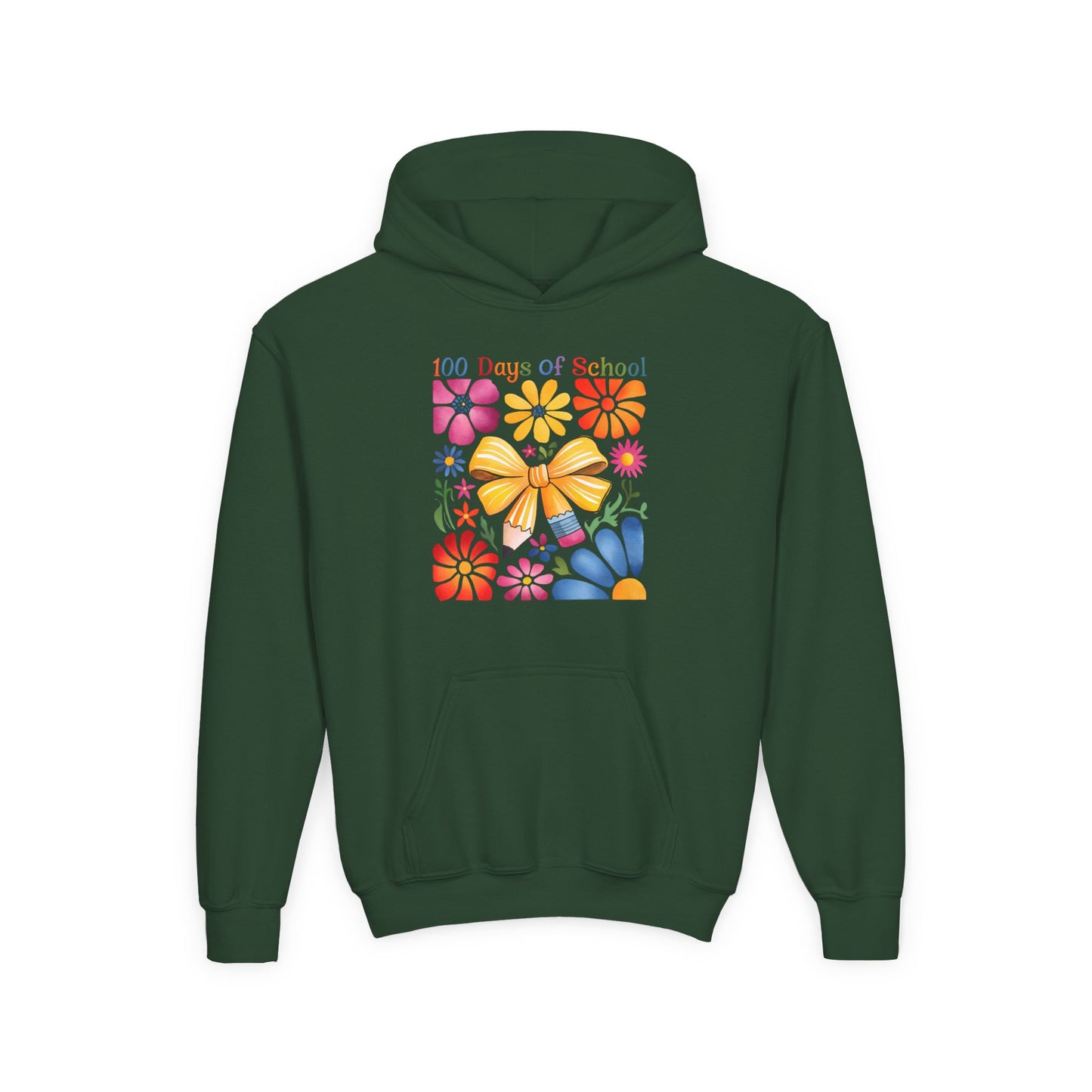 Bright Floral 100 Days of School Youth Hoodie, Colorful Kids Sweatshirt, School Celebration Apparel, Student Gift, Fun Classroom Outfit Forest Green