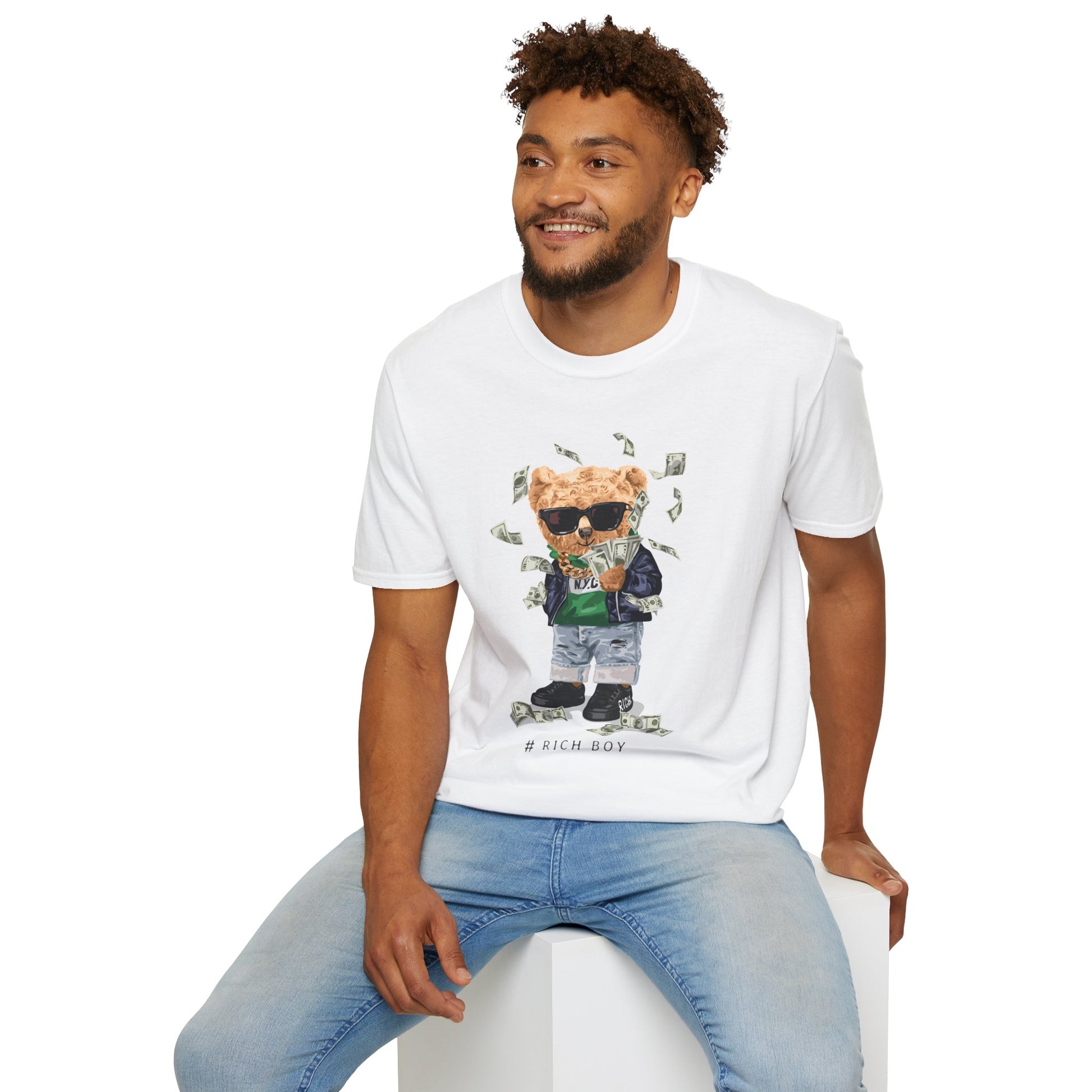 Rich Boy Graphic T-Shirt | Unisex Softstyle Tee | Cute Bear Design | Casual Wear | Gift for Kids | Birthday & Holiday