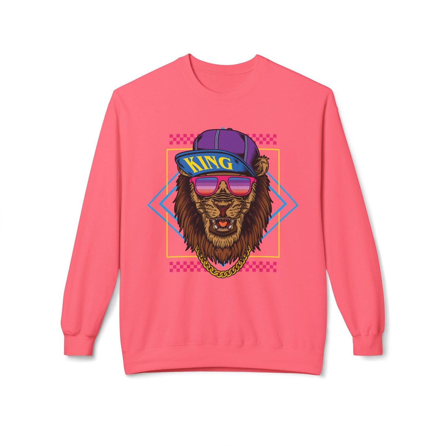 King Lion Graphic Crewneck Sweatshirt, Cozy Streetwear, Unisex Gift, Funny Animal Sweatshirt, Retro Style Apparel, Perfect for Any Occasion Pink Lemonade