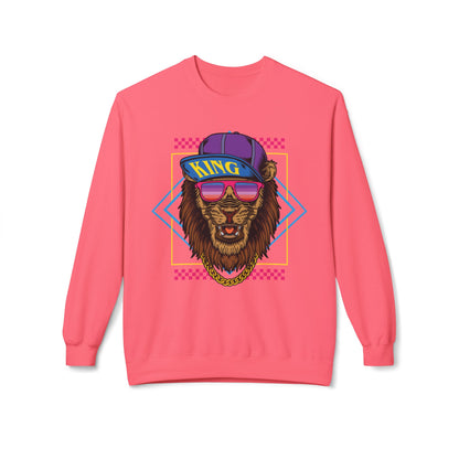 King Lion Graphic Crewneck Sweatshirt, Cozy Streetwear, Unisex Gift, Funny Animal Sweatshirt, Retro Style Apparel, Perfect for Any Occasion Pink Lemonade