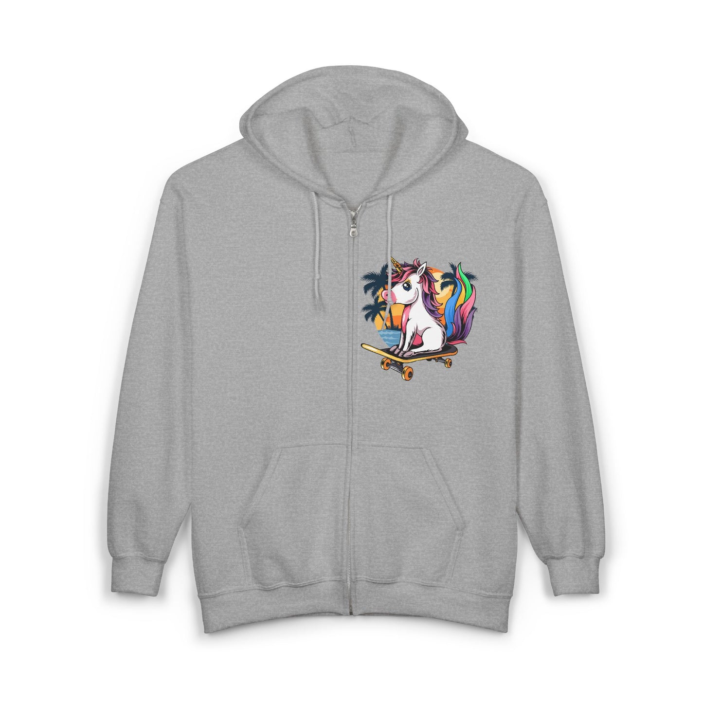 Full Zip Hoodie - Rainbow Unicorn on Skateboard Tropical Sunset Design