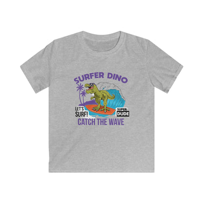 Dino Surf Kids Tee | Cool Summer Shirt, Surfing Dino Graphic, Fun Gift for Kids, Beachwear, Summer Parties, Kids Apparel Sport Grey