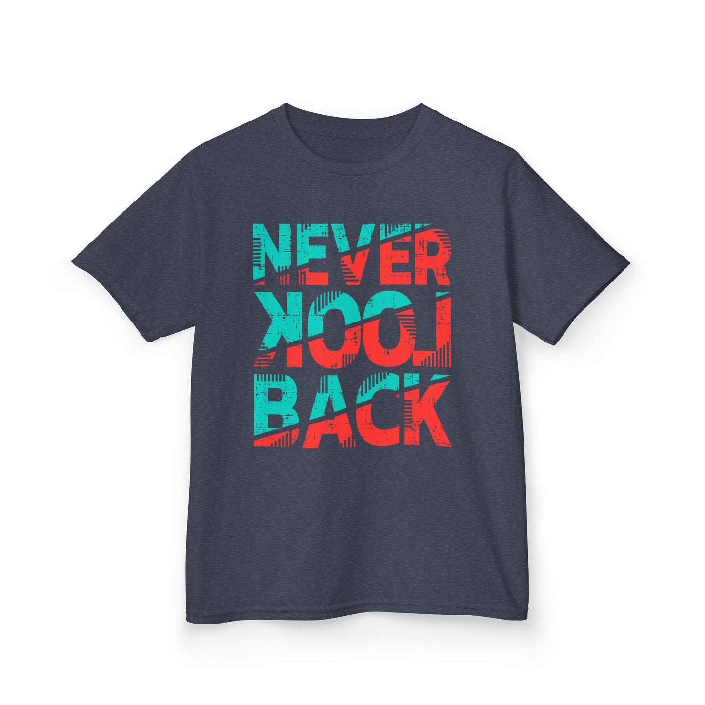 Never Look Back Kids Tee - Fun Graphic Tee, Youth Tee, Birthday Gift, Casual Wear, Motivational T-Shirt Heather Navy