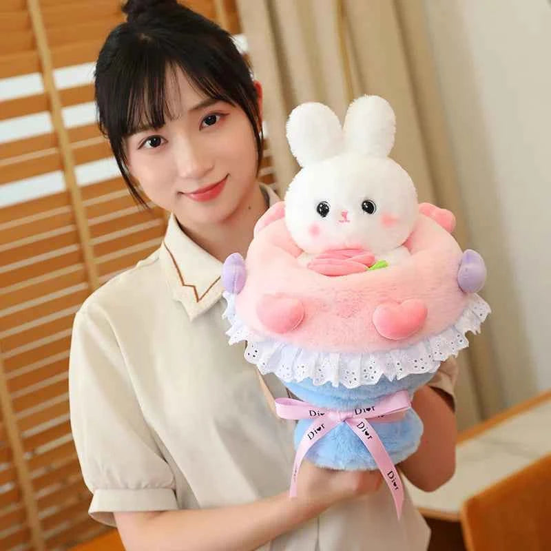 Kawaii Rabbit Plush Bouquet (11.8 in) - Cute Bunny/Bear Flower Doll Gift