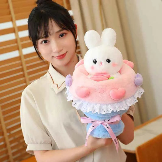 Kawaii Rabbit Plush Bouquet (11.8 in) - Cute Bunny/Bear Flower Doll Gift