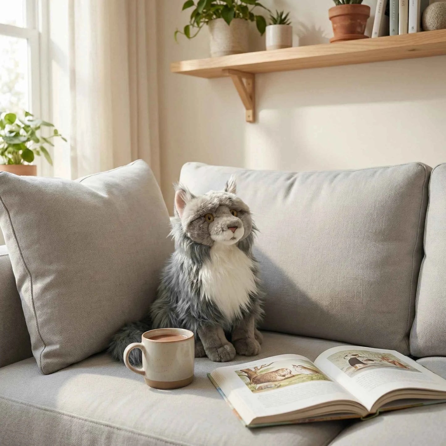 Realistic Maine Coon Cat Figurine – Lifelike Faux Cat Home Decor
