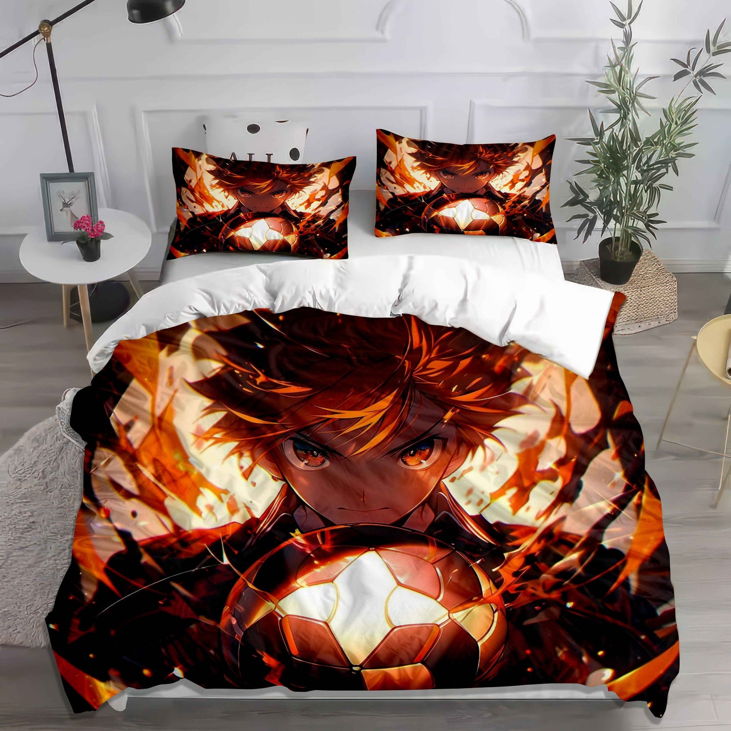 Vibrant Anime Soccer/Football Bedding Set - Soft Cotton Duvet Cover & Pillowcases