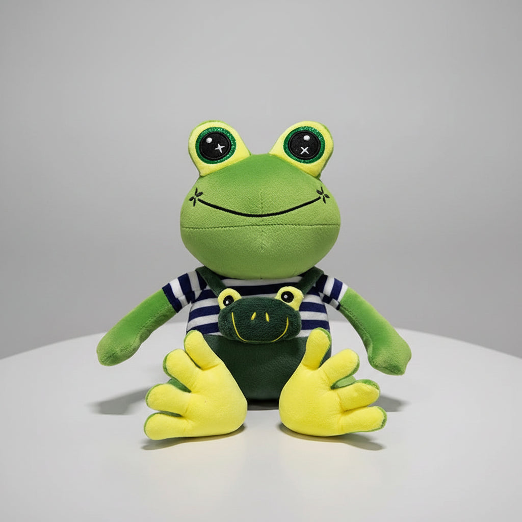 Kawaii Big Eyed Frog Plush Toy – Cute Green Frog with Striped Overalls Stuffed Animal (30–50cm) Green