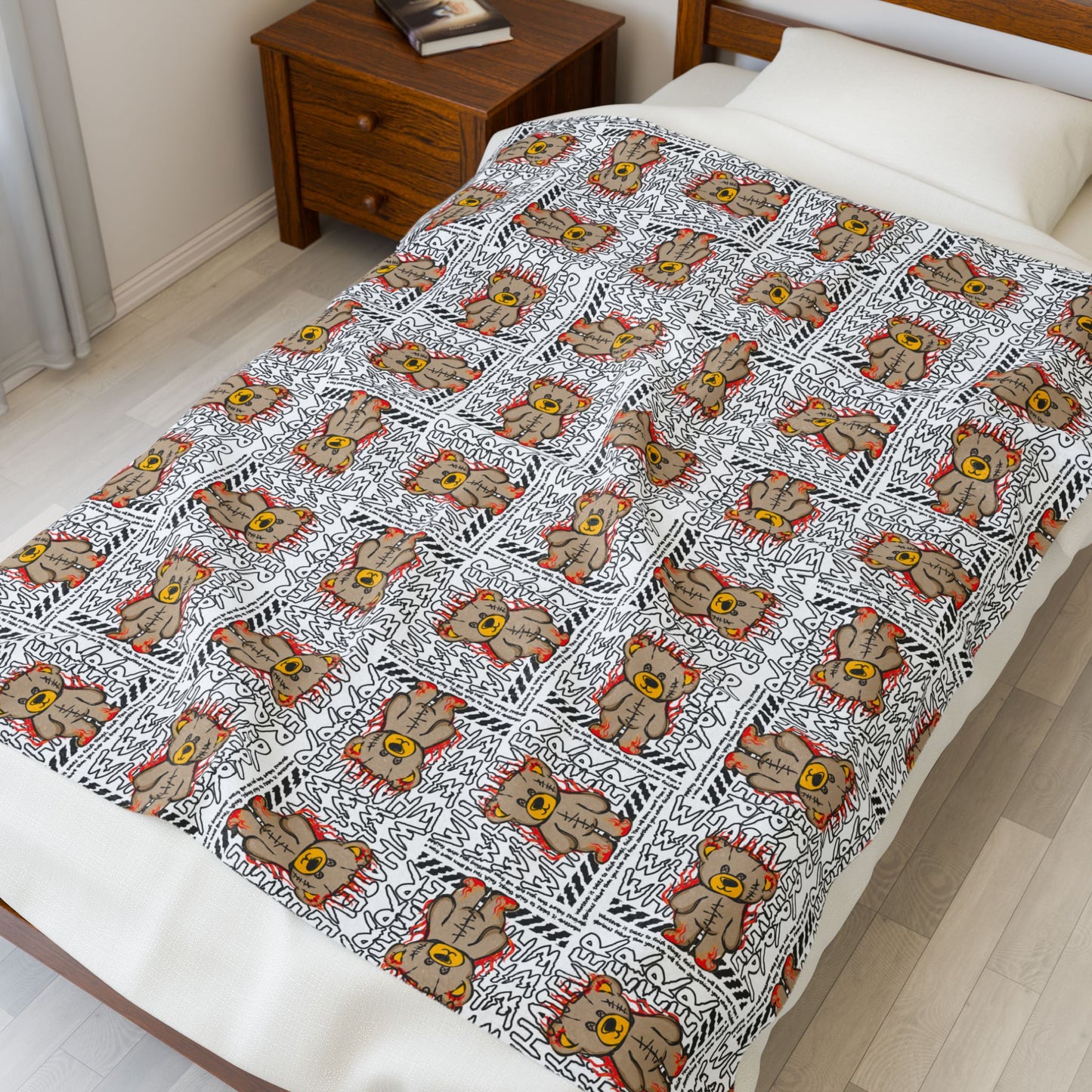 Abstract Art Teddy Bear Graphic Velveteen Plush Blanket – Soft Throw for Modern Home Decor – Urban Tribal Style Print 50" × 60"