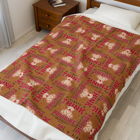 "Always Think Positive" Velveteen Plush Blanket – Soft Brown Throw with Teddy Bear – Vintage Style Motivational Decor 50" × 60"