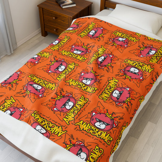 "Awesome" Motivational Graphic Plush Blanket – Soft Velveteen Throw with Flaming Bear – Orange Streetwear Home Decor 50" × 60"
